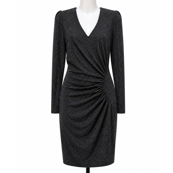 Liu Jo Dresses & Skirts - Liu Jo Milano Black Shimmer Jersey Lurex Ruched V-Neck Sheath Dress WA1227 J4018